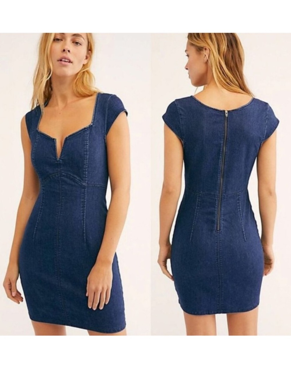 Free People Lia Denim Mini Bodycon Dress XS Stretchy Split Neck Cap Sleeves